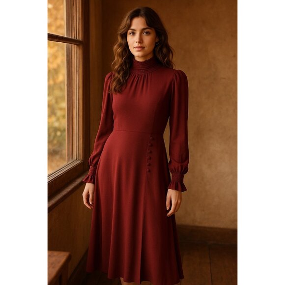 Reformation Dresses & Skirts - Reformation High Neck Long Sleeve Midi Dress Size 2 — Burgundy, Cottagecore, Fal